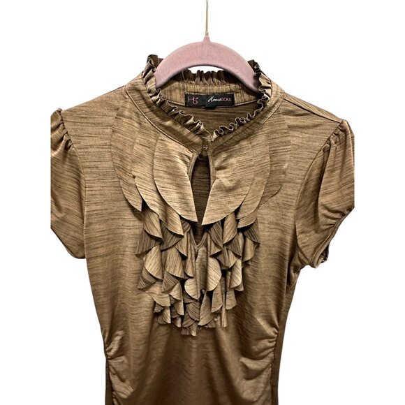 🌸3/$15🌸Bronze Silky Short Sleeve Blouse, Keyhole Front Clasp Closure sz M - Picture 2 of 5